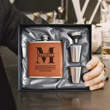 Custom Engraved Tan Leatherette & Stainless Steel Hip Flask Gift Set