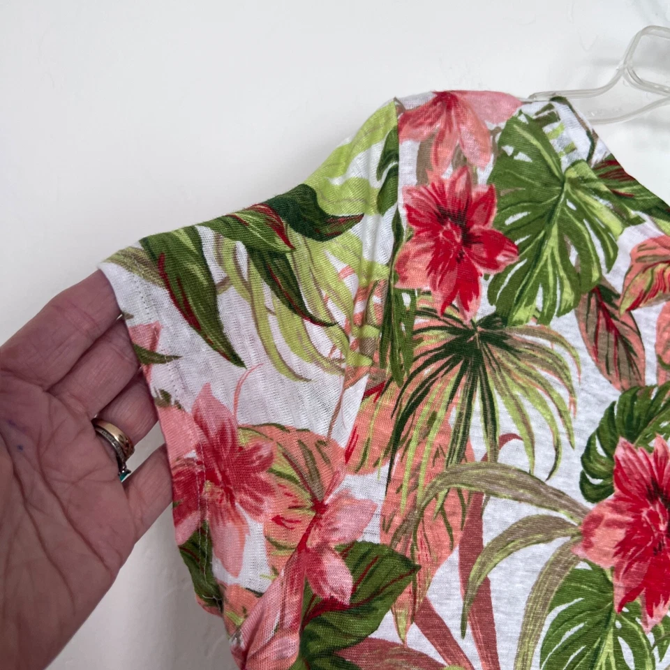 J Jill 女式 Large Love 100% 亚麻 T 恤绿色热带花卉印花休闲 — 第 4/4 张图片