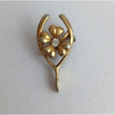 Vintage Gold Tone Jeweled Four Leaf Clover Wishbone Lapel Hat Pin
