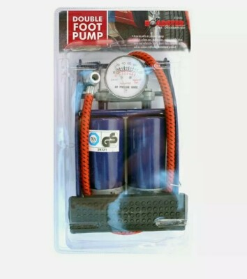 #ad DOUBLE BARREL FOOT PUMP AIR INFLATOR CAR VAN BIKE PRESSURE GAUAGE AIR PUMP TYRE GBP 12.99