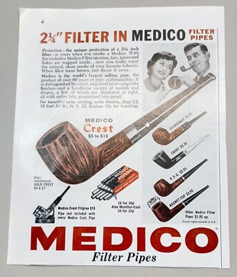 Medico Filter Pipes Vintage Print Ad 1960s Featuring Gold Crest Model Tobacco