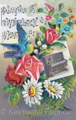 Birds Roses Vintage Piano Ad Crazy Quilt Block Quilting Sewing Fabric Multi Sz