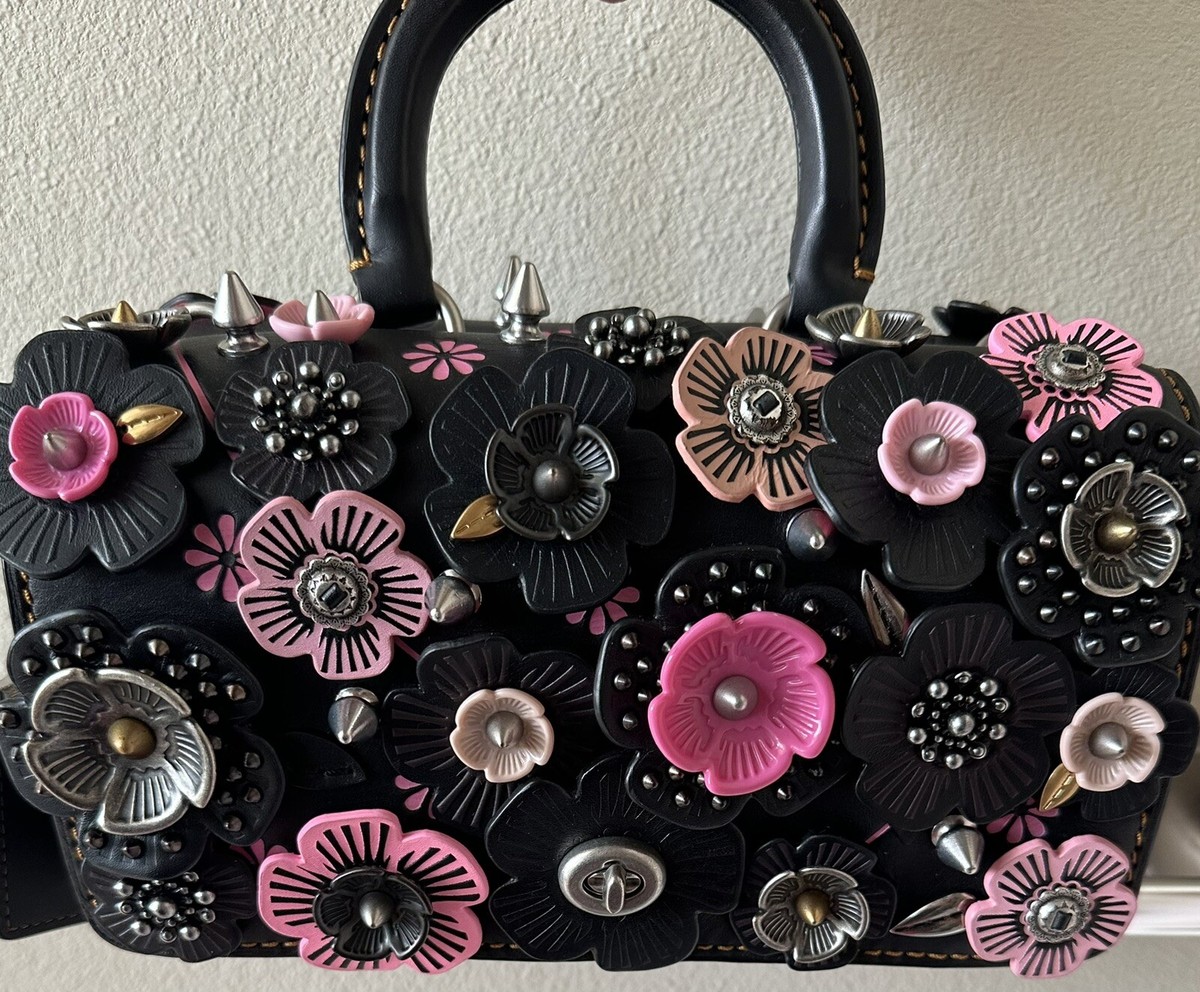 COACH 1941 BLACK/PINK TEA ROSE APPLIQUE DOUBLE DINKY SATCHEL 86854