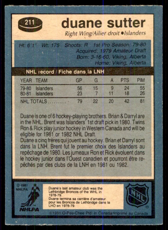 1981-82 O-Pee-Chee Duane Sutter RC New York Islanders #211 - Image 2 of 2