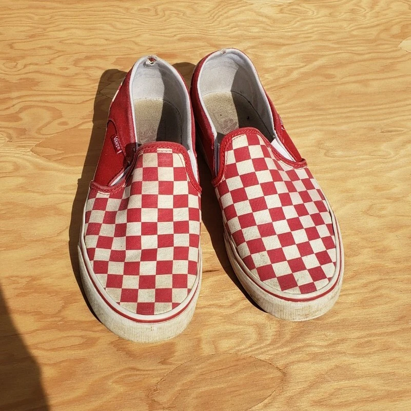 Vans checkerboard slip on canvas shoe distressed thrashed red