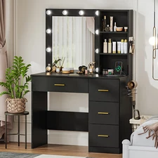37" W Balck Vanity Table with Lighted Mirror Vanity Desk 10 LED Power Outlet