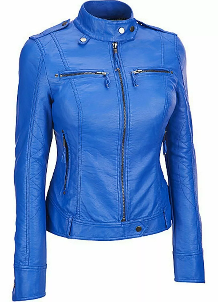 perfil Sobrio disfraz Chaqueta de cuero para mujer azul motociclista motocicleta piel de cordero  real cuero M.M. | eBay