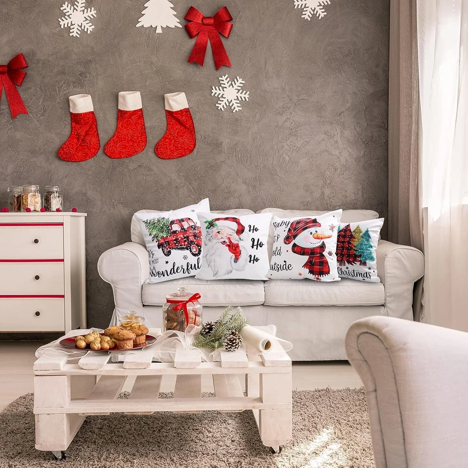 Christmas Pillow Covers Set of 4 18x18 Farmhouse Buffalo Plaid Holiday Decor - Image 4 of 4
