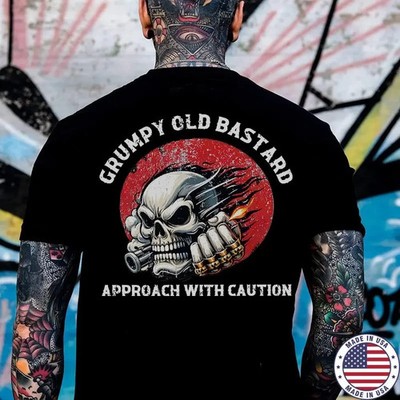 GRUMPY OLD BASTARD APPROACH WITH CAUTION Skull Black Print T-shirt