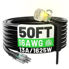 POWGRN 50FT 16 Gauge Black Outdoor Extension Cord Waterproof, 3 Prong Flexible
