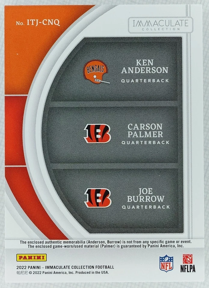 2022 Panini Immaculate Triple Jersey Joe Burrow/Ken Anderson Patch Game-worn - Image 2 of 2