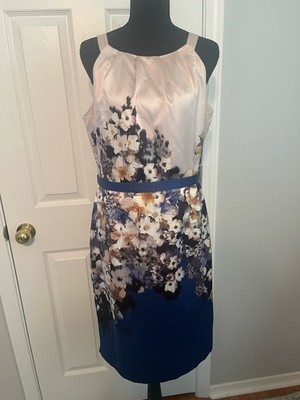 InCity Sleeveless Floral Sheath Dress Blue White Halter Knee Length Size M