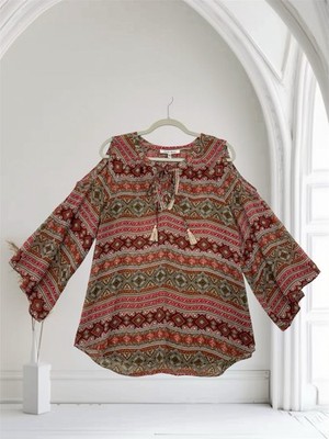 Womens Geo Print Embroidered Tie Neck Cold Shoulder Top Size Large Boho Chic