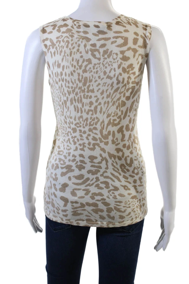 Magaschoni Womens Scoop Neck Leopard Print Silk Knit Tank Top White Brown Small - Image 3 of 4
