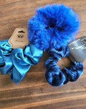 Scrunchies Set 6, Satin Velvet Fur, Pom Pom, Royal Blue, Purple Hair, Girl Women