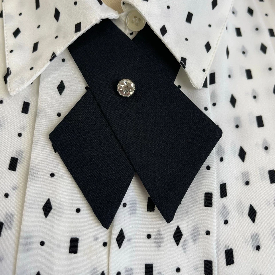 Camisa Blusa Vintage Años 80 Secretaria Blanca Negra Manga Corta Plisada Corbata Cruzada L Foto 2 de 4