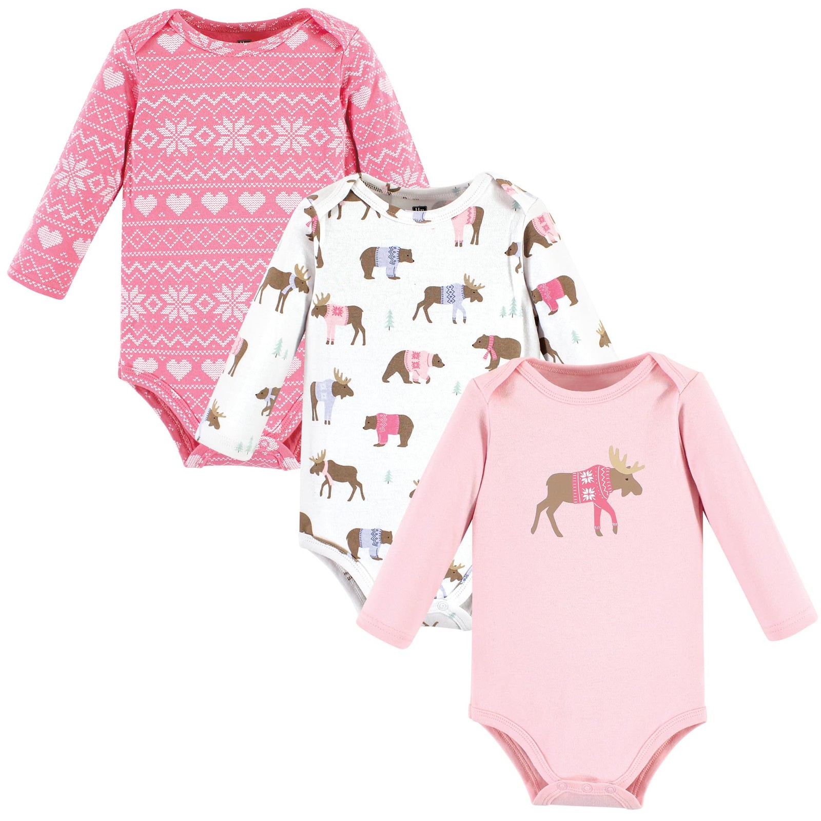 Hudson Baby Unisex Long-Sleeve Cotton Bodysuit &ndash; Pink Moose/Bear, 0&ndash;3 Months