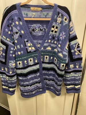Paco Damen Strickjacke Mehrfarbig Blau Geo Wolle M/L Retro 80er V-Ausschnitt