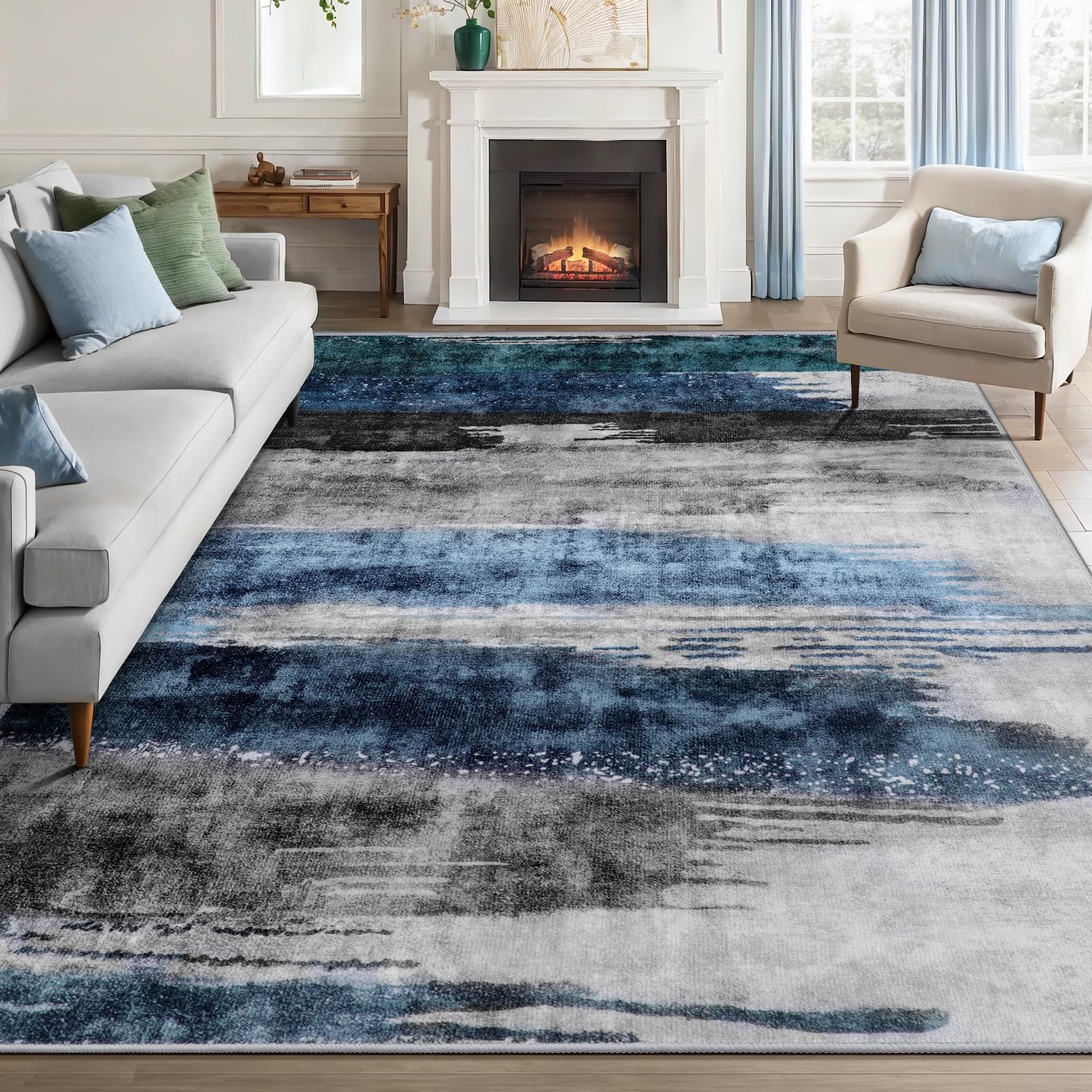 Modern Abstract Deep Blue Gray Rug for Living Room, 6'x9' Machine Washable Ar...