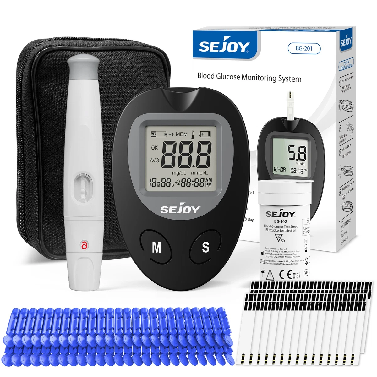 SEJOY Juego de glucómetro para sangre Set de diabetes con 50 tiras reactivas y 50 lancetas