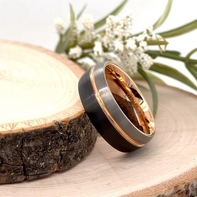8mm Tungsten Carbide Ring Gold Stripes Brushed Finish Unisex Durable Band