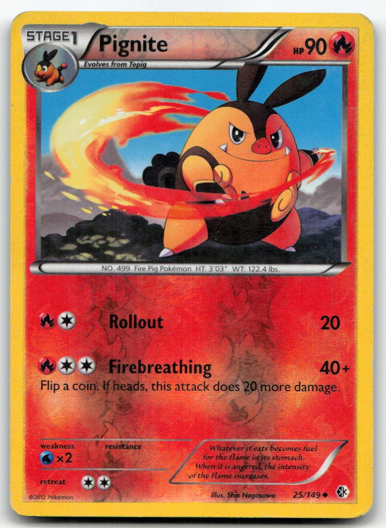 Pignite 25/149 Uncommon Boundaries Crossed Pokemon Reverse Holo Heavily Played