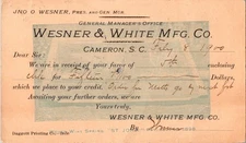 Antique 1900 Wesner & White MFG Co Cameron SC South Carolina Cancel Postal Card