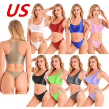 Women Outfit 2 Piece Glossy Sports Bra Crop Top Briefs Underwear Yoga Workout