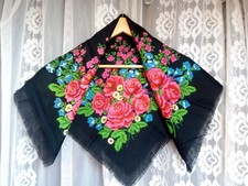 Vintage black wool shawl with floral print, USSR boho style wool shawl