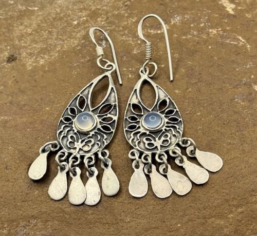 925 Sterling Silver Tribal Blue Chalcedony Chandelier Dangle Earrings 8.2 gr #4 - 第 1/7 張圖片