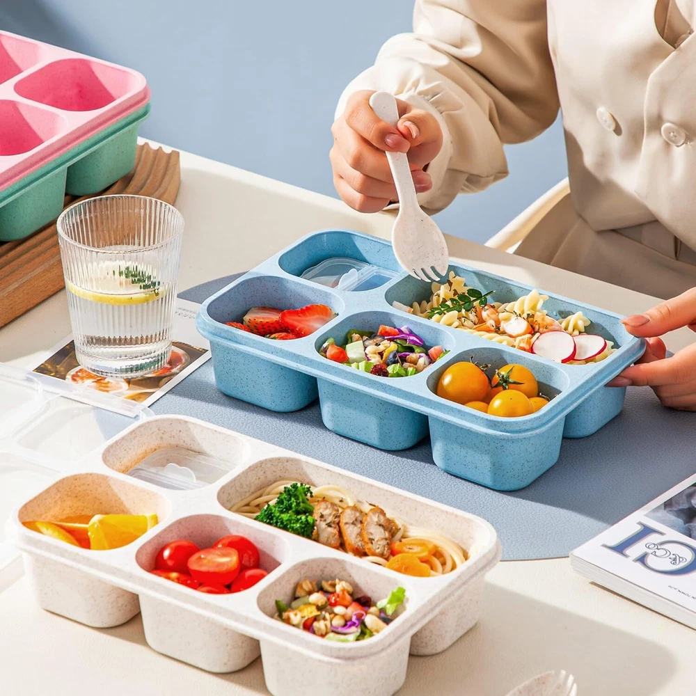 Bento Box Adult, 4 Pack 5 Compartments Meal Prep Green/Blue/Pink/Beige