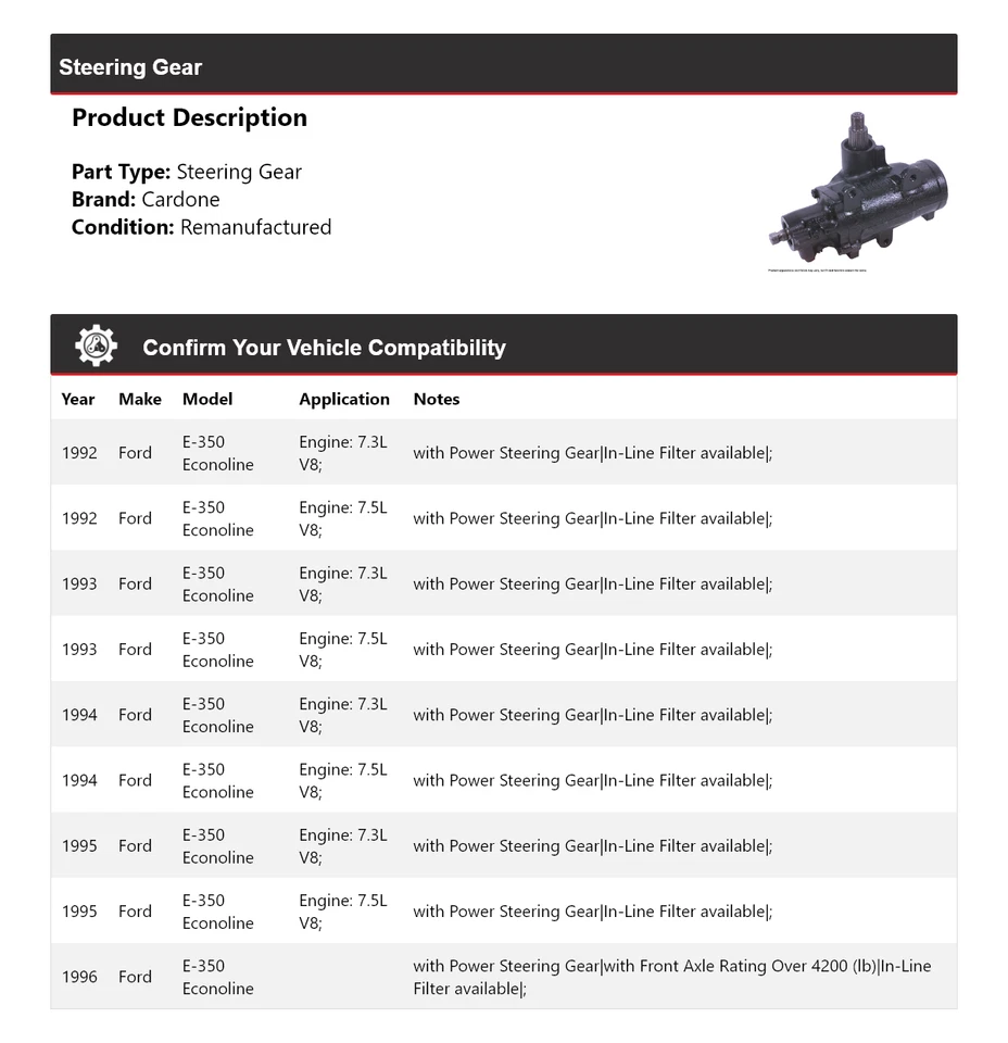 Для 1992-1996 Ford E-350 Econoline рулевое управление Cardone 1993 1994 1995 - Изображение 2 из 4