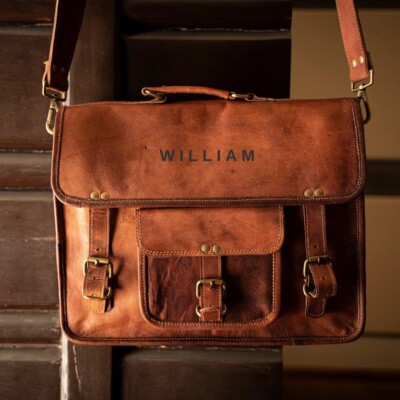 Personalized Leather Laptop Messenger Bag for Men, Monogrammed Satchel, Gift