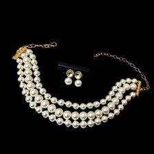 Multi Strand Faux White Pearls 3 Layer Chunky 10"Choker Necklace Womens Jewelry