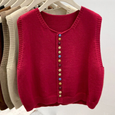 Damen Gestrickt Thermische Weste Knöpfe Ärmelloses Top Strickjacke