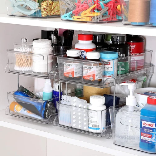 2Set*2-Tier Clear Storage Shelf Box Kitchen Bathroom Desk Available Push-Pull AU - Picture 4 of 9