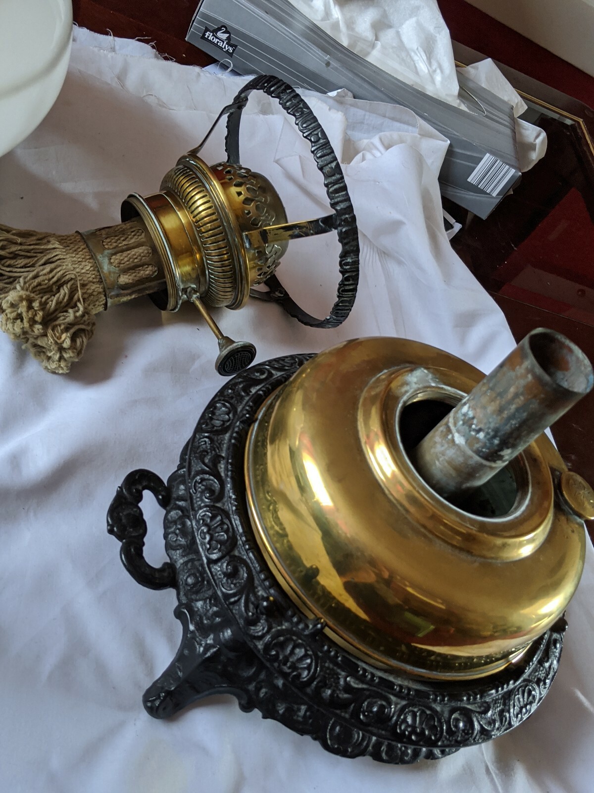 unusual ANTIQUE brass PARAFIN oil lamp iron cast base large shade (line