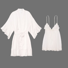 VICTORIA'S SECRET Unlined Split-Front Lace L Babydoll M/L Robe set Coconut White