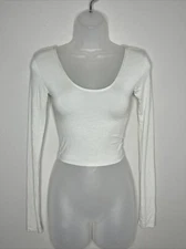 Joah Brown Ivory Modal Spandex Fitted Scoop Neck Long Sleeve Cropped Top XS/S
