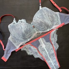 Victoria's Secret 32DD BRA SET M panty BLUE dulce de leche orange ginger LACE