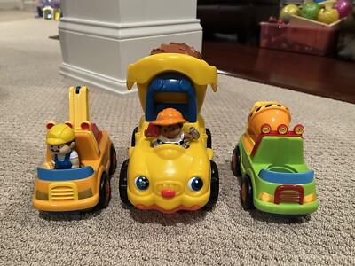 Fisher Price Little People Lot Construction Trucks Dump, Cement And Crane Trucks