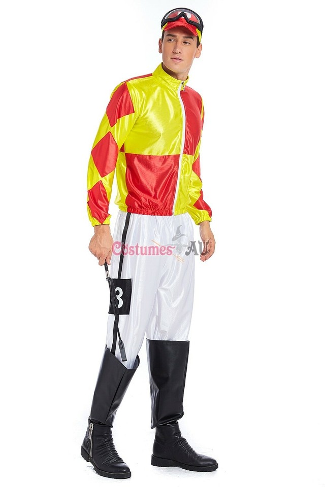 Mens Jockey Horse Costume Racing Rider Melbourne Cup Uniform Goggles ...