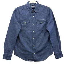Superdry Shirt Mens Small Blue Denim Western Pearl Snap Classic Fit Long Sleeve