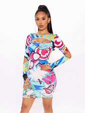 Fashion Nova Comic Print Bodycon Mini Dress M Long Sleeve Cut-Out