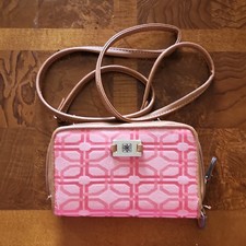 Geometric Pink Beige Zip-Around Wallet with Strap  Card Slots Women