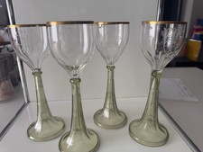 Jugendstil Weingläser, Thereseinthal Grüner  Trompetenfuß Goldrand