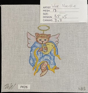 HP Needlepoint 18ct WEE NEEDLE Christmas Cat Angel in blue playing Trumpet PK26