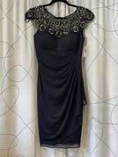 NWT Xscape Black Embellished Sequined Neckline Fitted Midi Evening Dress Size 4