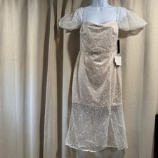 Lulus Champagne Sparkle Midi Dress Puff Sleeves Sweetheart Neckline Party