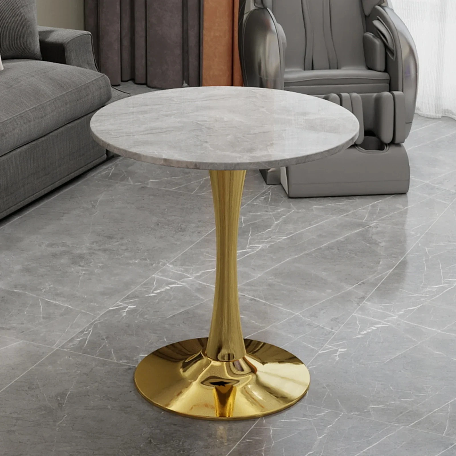 27.6-inch gold coffee table, mid-century modern style dining table, accommodates 2-4 people, featuring a round light gra